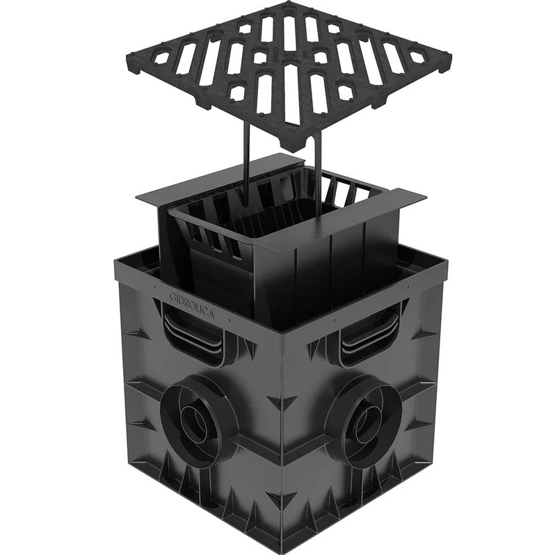 Անձրևաջրերի ընդունիչ Gidrolica Point ДП-30.30 - պլաստիկ, խողովակի տակ գտնվող թուջե ցանցով / Дождеприемник Gidrolica 300х300 мм, в сборе с чугунной решеткой под трубу Ø 110 мм