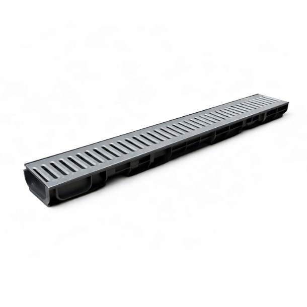 Ջրահեռացման առվակ Gidrolica Standart DN100 H60 պլաստիկ, ցանց, դրոշմված ցինկապատ պողպատ, ամրացման անցքերով / Пластиковый лоток DN100 H60 с решеткой стальной A15