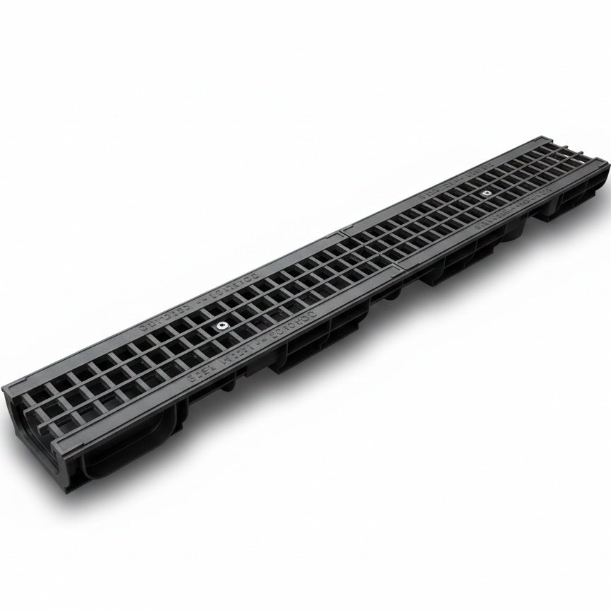 Ջրահեռացման առվակ Gidrolica Standart DN100 H60 պլաստիկ, ցանց, ծակոտիավոր, բարձր ամրության թուջ, դաս С250 / Пластиковый лоток DN100 H60 с решеткой чугунной С250