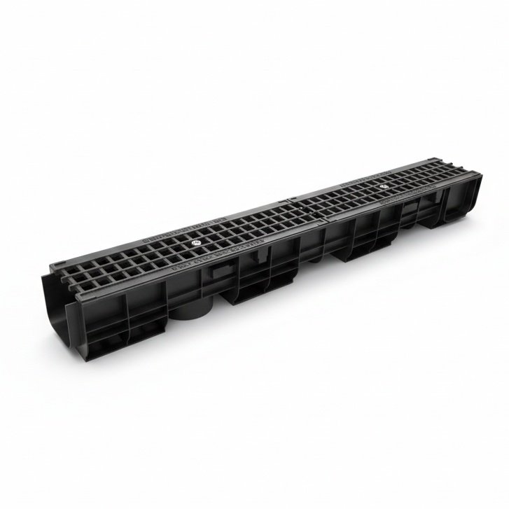 Ջրահեռացման առվակ Gidrolica Standart DN100 H120 պլաստիկ, ցանց, ծակոտիավոր, բարձր ամրության թուջ, դաս С250 / Пластиковый лоток DN100 H120 с решеткой чугунной(ячеистой) С250