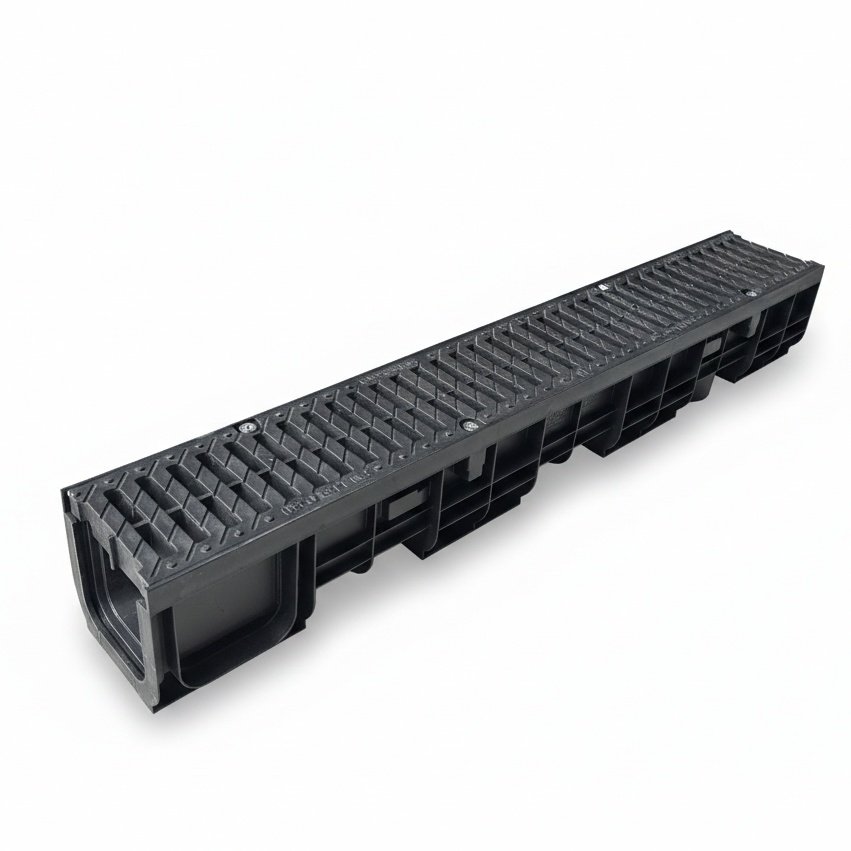 Ջրահեռացման առվակ Gidrolica Pro DN100 H136 – պլաստիկ, ջրհավաք ցանց ճեղքավոր պլաստիկ, С250 դասի / Комплект Gidrolica Pro: Лоток водоотводный Gidrolica Pro DN100 H136 - пластиковый с решеткой водоприемной щелевая пластиковая, кл. С250